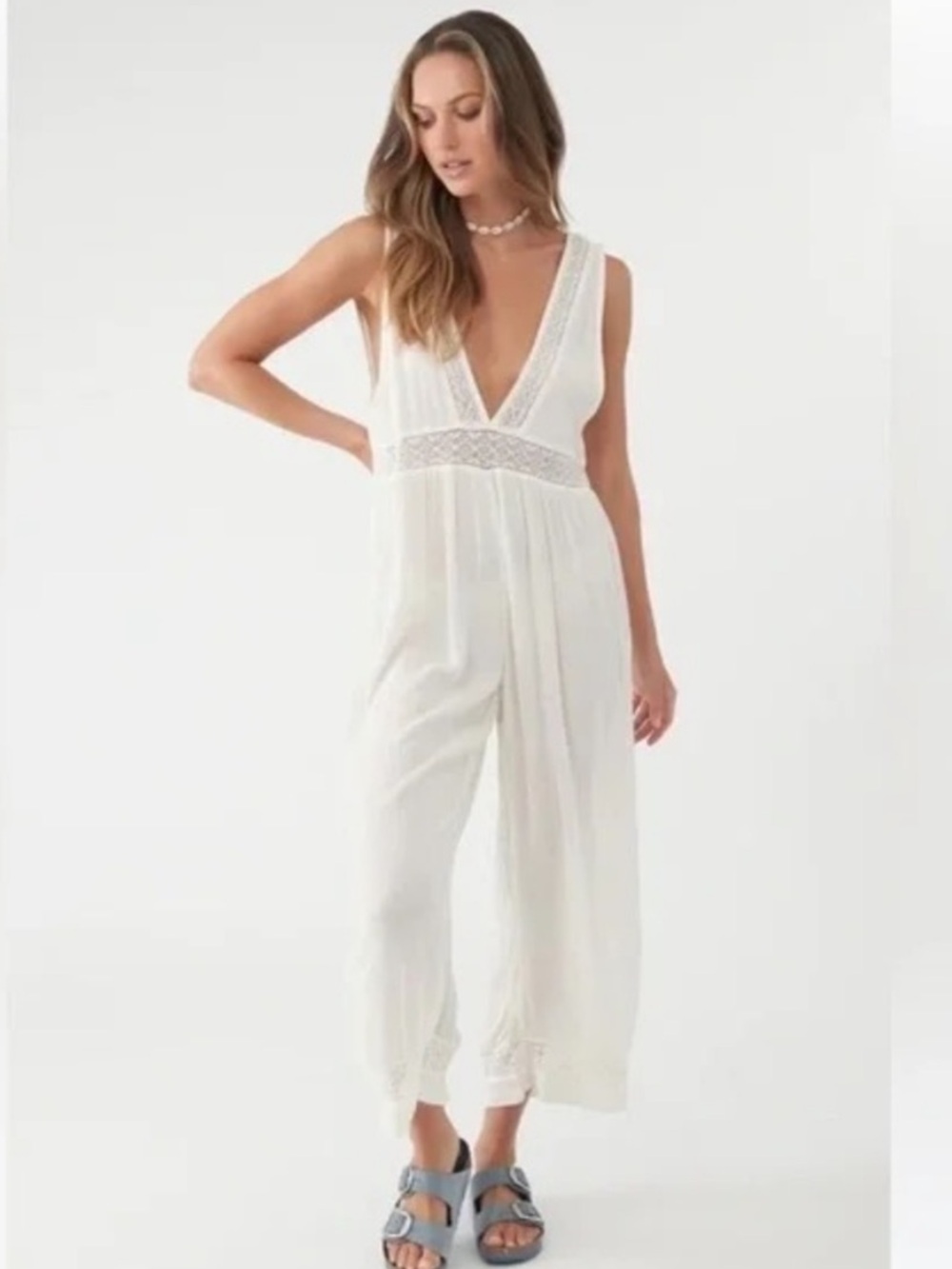 O'Neill White Crochet-Trim V-Neck Jumpsuit Coverup